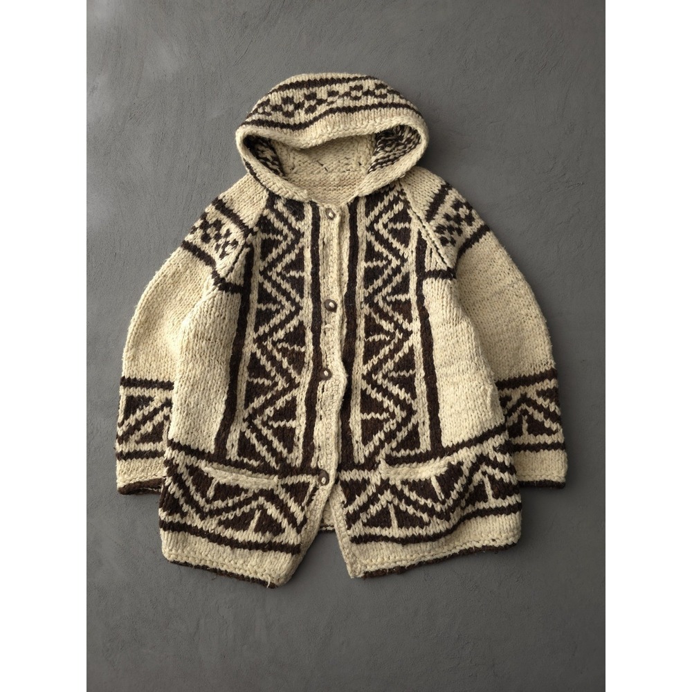 Vintage Handmade Wool Chunky Knit Ecuadorian South American Sweater Hooded L